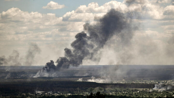 Smoke rises after a bombing in the city of Severodonetsk in the Donbas region of eastern Ukraine on June 7, 2022.